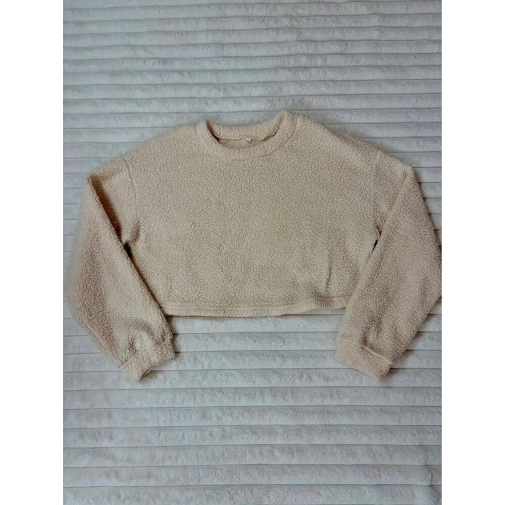 Cozy Cropped Sherpa Pullover - Cream Size Medium